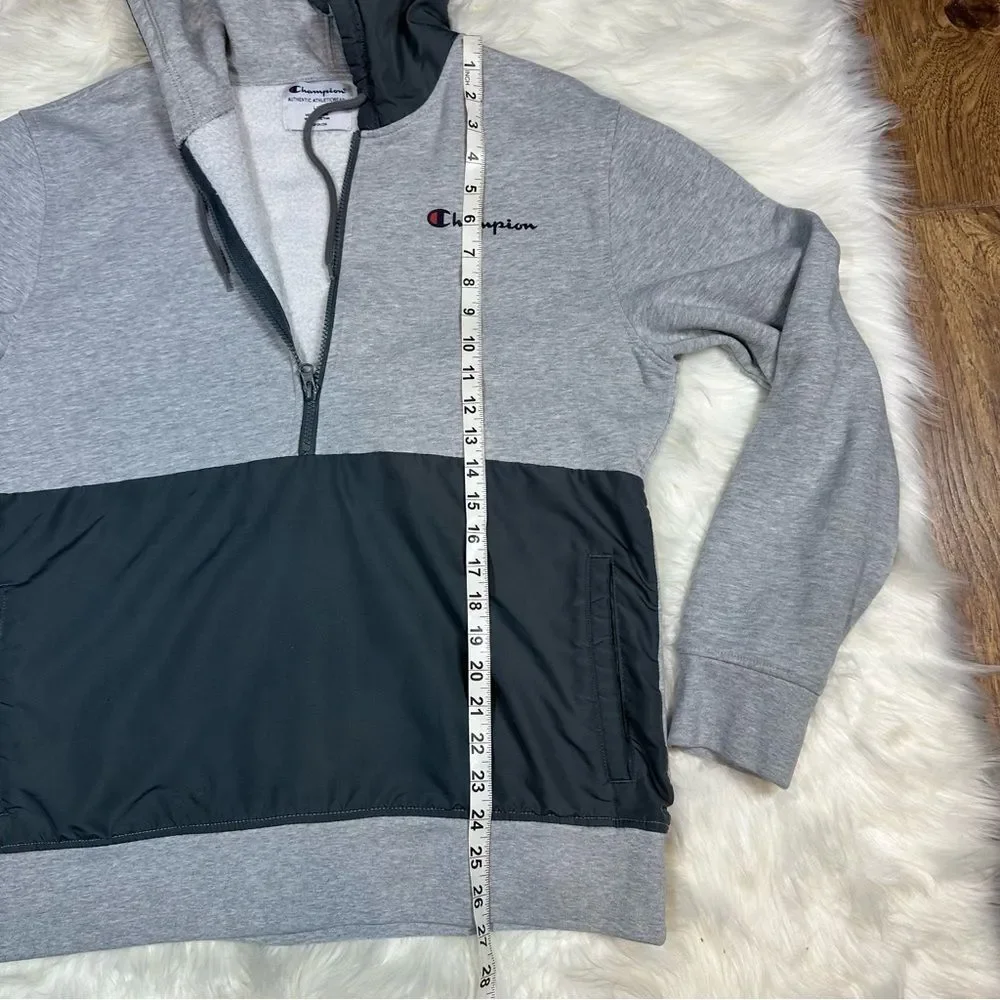 Champion~Men's~Fleece Woven-Mix Half Zip Two Tone Hoodie Heather Gray~Size Large